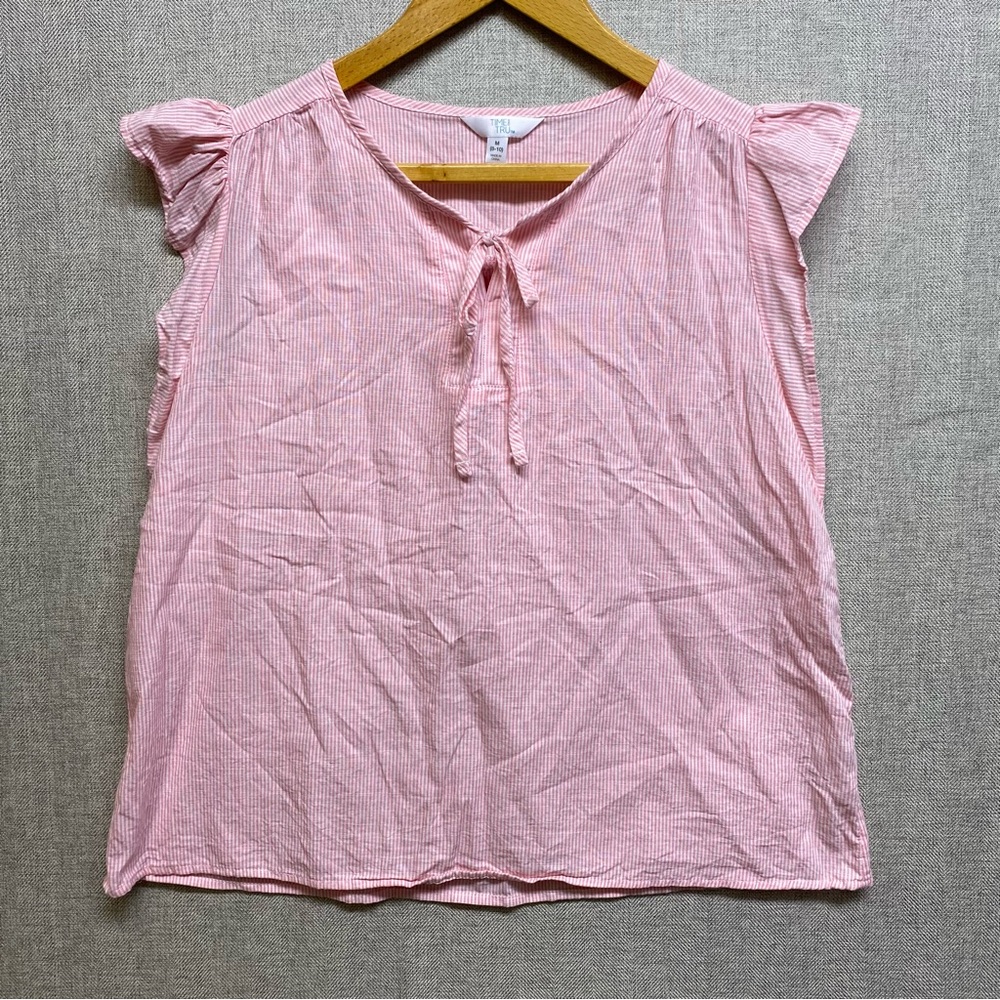Time and Tru Blouse Womens M Pink White Striped Ruffle Sleeve Tie Neck Top